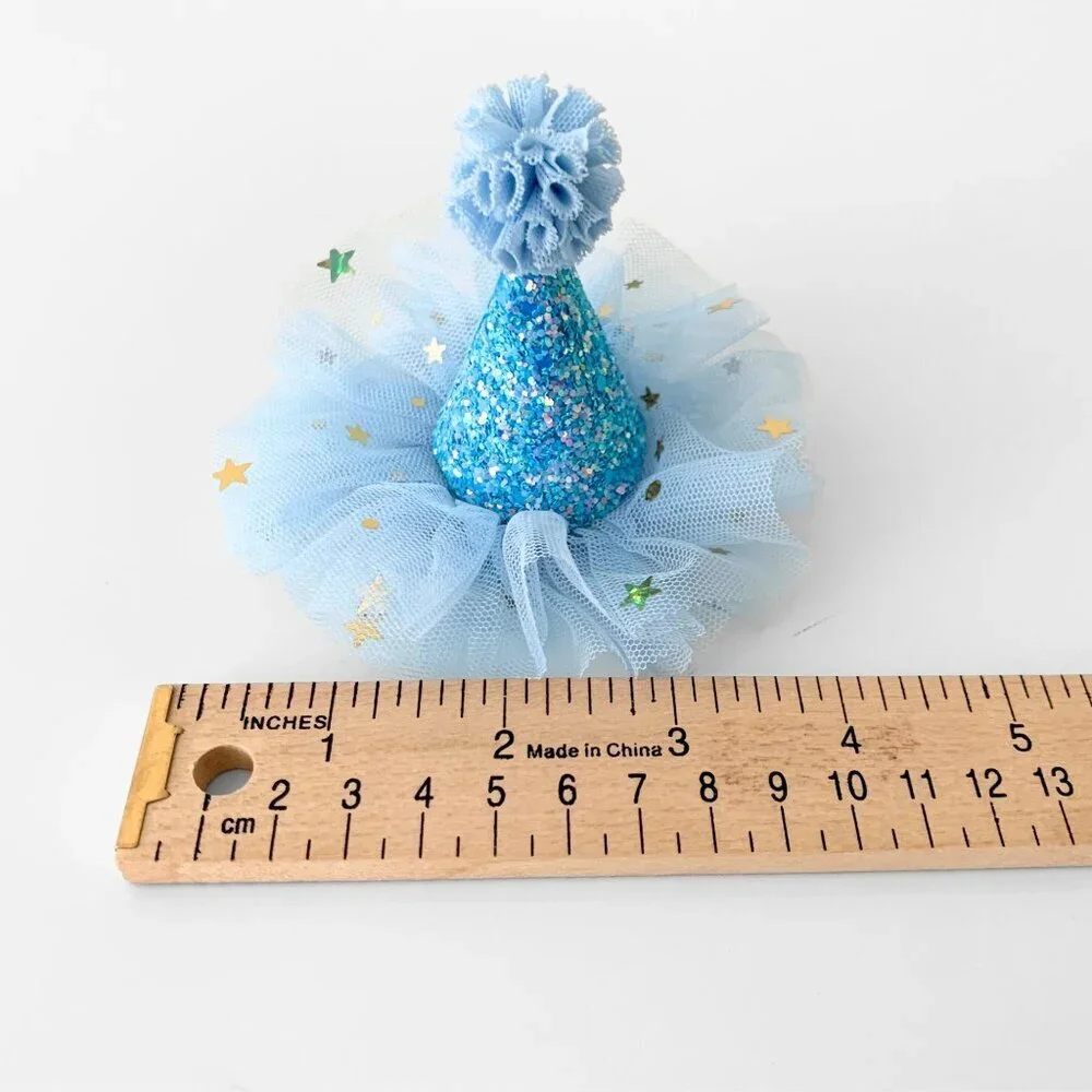 NWT Cute Princess Happy Birthday Hat Girls Hair Clip Blue & Gold Glitter Tulle